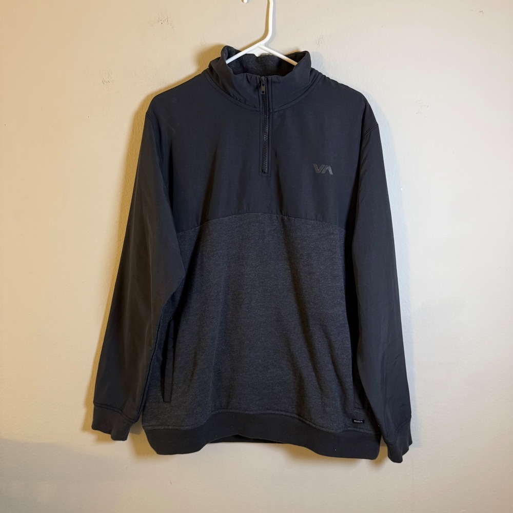 RVCA‎ Mens Quarter Zip Fleece Pullover Charcoal Gray Ripstop Mixed Media Large